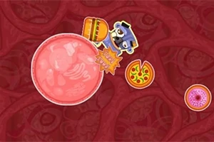 Na obrázku sú zobrazené rôzne druhy jedla vrátane pizze, hamburgera a donutu na červenom pozadí
