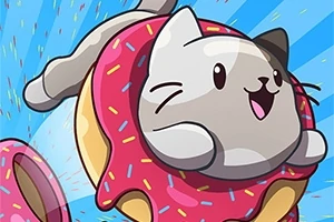 Mačka skáče cez veľký ružový donut s farebnými posýpkami na modrom pozadí