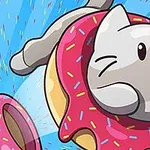 Mačka skáče cez veľký ružový donut s farebnými posýpkami na modrom pozadí