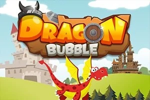 Červený drak s krídlami na kopci pred hradom s nápisom Dragon Bubble na oblohe