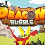 Červený drak s krídlami na kopci pred hradom s nápisom Dragon Bubble na oblohe
