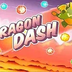Ilustrácia s kresleným drakom, farebné kryštály a nápis Dragon Dash na pozadí západu slnka