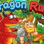 Červený drak s krídlami stojí vedľa vousatého dobrodruha s mečom v ruke, obklopení lesom