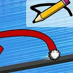 Červená línia s kolieskami na koncoch nad hnedou čiarou na modrom pozadí, s ilustráciou ceruzky v pravom hornom rohu