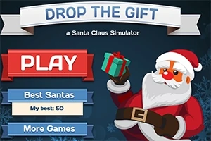 Santa Claus drží darček vedľa červeného tlačidla Play na modrom pozadí s ozdobnými nápismi