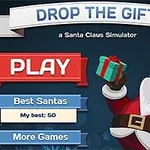 Santa Claus drží darček vedľa červeného tlačidla Play na modrom pozadí s ozdobnými nápismi
