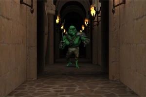 Zelený trol s mečom v ruke stojí v kamennej chodbe osvetlenej fakľami