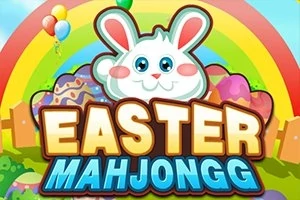 Zajačik s veľkými očami pred dúhou a veľkonočnými vajíčkami s nápisom Easter Mahjongg