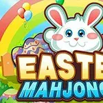 Zajačik s veľkými očami pred dúhou a veľkonočnými vajíčkami s nápisom Easter Mahjongg