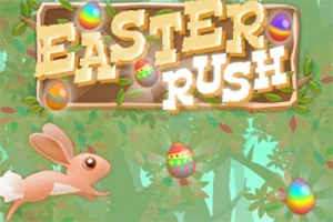 Zajačik skáče cez farebné veľkonočné vajíčka na zelenej lesnej pozadí s nápisom Easter Rush