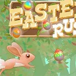 Zajačik skáče cez farebné veľkonočné vajíčka na zelenej lesnej pozadí s nápisom Easter Rush