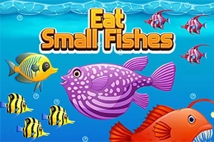 Farebné ryby rôznych tvarov plávajúce v oceáne s textom Eat Small Fishes