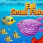 Farebné ryby rôznych tvarov plávajúce v oceáne s textom Eat Small Fishes