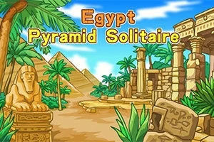 Kreslená egyptská krajina s pyramídami, sfingou, palmami a starovekými ruinami pod modrou oblohou