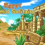 Kreslená egyptská krajina s pyramídami, sfingou, palmami a starovekými ruinami pod modrou oblohou