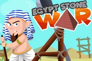 Kreslená postava v egyptskom oblečení s modro-bielym pruhovaným šatkom na hlave stojí pri drevenej katapulte, v pozadí púšť a nápis EGYPT STONE WAR