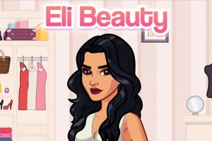 Kreslená postava ženy s tmavými vlasmi stojí pred skriňou s oblečením, nad ňou je nápis Eli Beauty