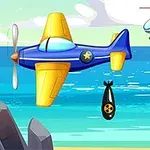 Modré lietadlo s vrtuľou a žltými krídlami vypúšťa bombu nad oceán, v pozadí je vrtuľník