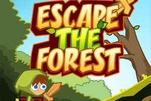 Ilustrácia s postavou v zelenom plášti držiacou meč v lese, s výrazným textom Escape the Forest