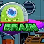 Zelený mimozemšťan s jedným okom v malom lietajúcom tanieri s bublinovým krytom v prostredí futuristického interiéru