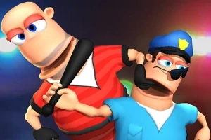 Dvaja kreslení muži, jeden v červenom pruhovanom tričku držiaci druhého, oblečeného v modrej policajnej uniforme, pričom mu nasadzuje kravatu z baseballovej pálky