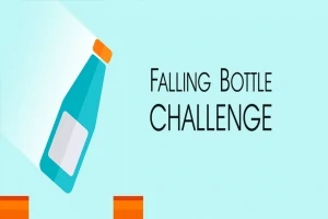Modrá fľaša padajúca medzi oranžové platformy na modrom pozadí s textom Falling Bottle Challenge