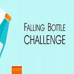 Modrá fľaša padajúca medzi oranžové platformy na modrom pozadí s textom Falling Bottle Challenge