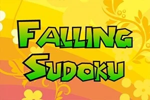 Žlté a oranžové pozadie s textom Falling Sudoku v zelenom komiksovom štýle