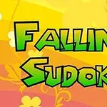 Žlté a oranžové pozadie s textom Falling Sudoku v zelenom komiksovom štýle