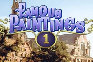 Názov Famous Paintings 1 v ozdobnom fialovom písme na pozadí historickej budovy a veže