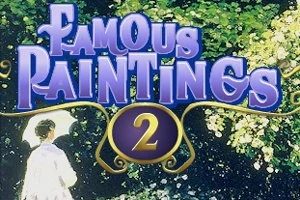Názov Famous Paintings 2 v fialových písmenách nad obrazom ženy s dáždnikom v záhrade