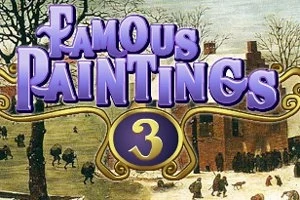 Fialový nápis Famous Paintings 3 na pozadí zimnej scény s ľuďmi pri dome