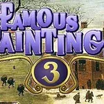 Fialový nápis Famous Paintings 3 na pozadí zimnej scény s ľuďmi pri dome