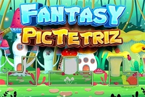 Farebná fantasy krajina s veľkými hubami a domčekmi, s výrazným textom Fantasy PicTetrix