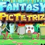 Farebná fantasy krajina s veľkými hubami a domčekmi, s výrazným textom Fantasy PicTetrix