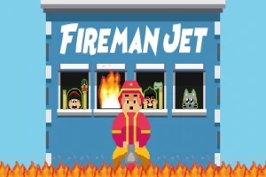 V strede obrázka je pixelová postava hasiča v prilbe pred modrou budovou s nápisom Fireman Jet, pričom v oknách sú také ďalšie postavy a plamene