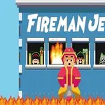 V strede obrázka je pixelová postava hasiča v prilbe pred modrou budovou s nápisom Fireman Jet, pričom v oknách sú také ďalšie postavy a plamene