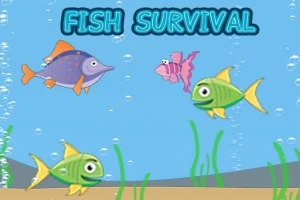 Farebné ryby plávajú v modrom oceáne s bublinkami a riasami, s textom Fish Survival na vrchu