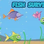 Farebné ryby plávajú v modrom oceáne s bublinkami a riasami, s textom Fish Survival na vrchu