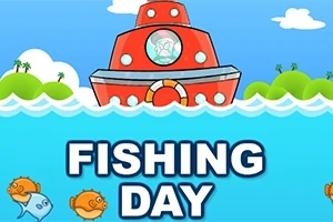 Červená loď na mori s vlnami a rybami, nad ktorou je nápis FISHING DAY
