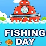 Červená loď na mori s vlnami a rybami, nad ktorou je nápis FISHING DAY