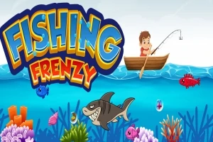Nápis FISHING FRENZY vedľa obrázka chlapca na lodičke s rybárskym prútom obklopeného farebnými rybami a koralmi v mori