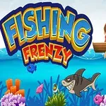 Nápis FISHING FRENZY vedľa obrázka chlapca na lodičke s rybárskym prútom obklopeného farebnými rybami a koralmi v mori