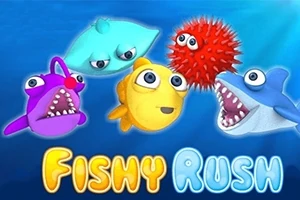 Farebné kreslené morské tvory s výraznými očami a nápisom Fishy Rush na modrom pozadí