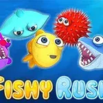 Farebné kreslené morské tvory s výraznými očami a nápisom Fishy Rush na modrom pozadí