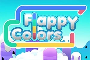 Farebné grafické logo s textom „Flappy Colors“ na pozadí s modrou oblohou a bielymi mrakmi