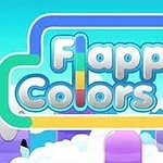 Farebné grafické logo s textom „Flappy Colors“ na pozadí s modrou oblohou a bielymi mrakmi