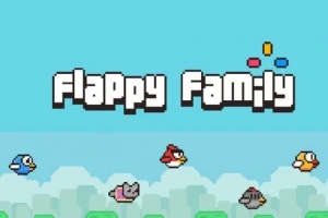 V obraze sú rôznofarebné vtáky a mačka letiaca medzi oblakmi s textom Flappy Family na modrom pozadí