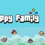 V obraze sú rôznofarebné vtáky a mačka letiaca medzi oblakmi s textom Flappy Family na modrom pozadí