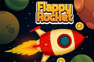 Červená raketa letí vesmírom so zlatými mincami a planétami v pozadí, s nápisom Flappy Rocket